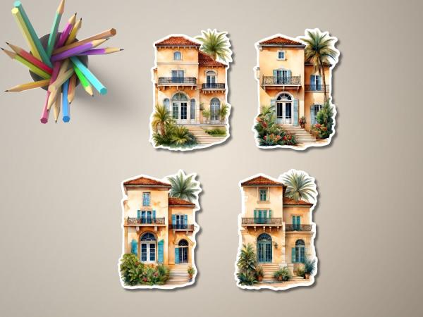 Kollektion handgefertigter Aufkleber im Aquarellstil mit vier verschiedenen mediterranen Villen, umgeben von Palmen und exotischen Pflanzen. Ideal für kreative Projekte, Scrapbooking und Dekoration.